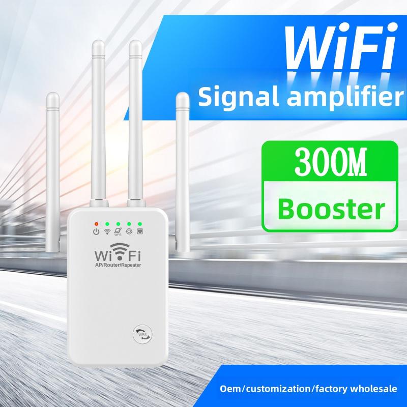 4 Antenna 300M WiFi Extender, Wireless Signal Booster Repeater for Home Router, US/EU/UK Plug
