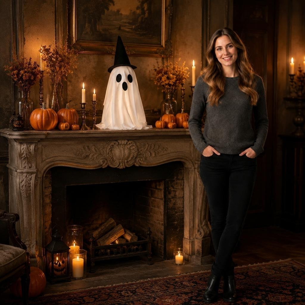 50cm Light Up Ghost Decoration with Hat for Indoor Outdoor Use Halloween Themed Fabric and Plastic Figure for Display