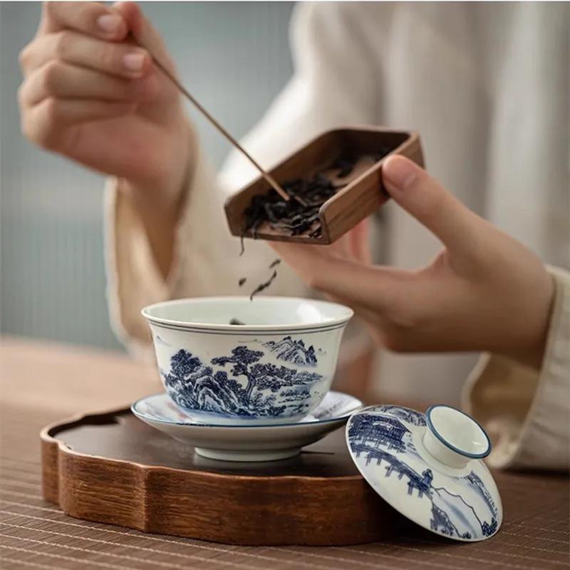 Blau-Weißes Porzellan Sancai Schüssel mit Deckel, Einzelne Teeschale mit Deckel, Hitzebeständiges Kung Fu Tee Set, Haushalts Keramik Teekanne