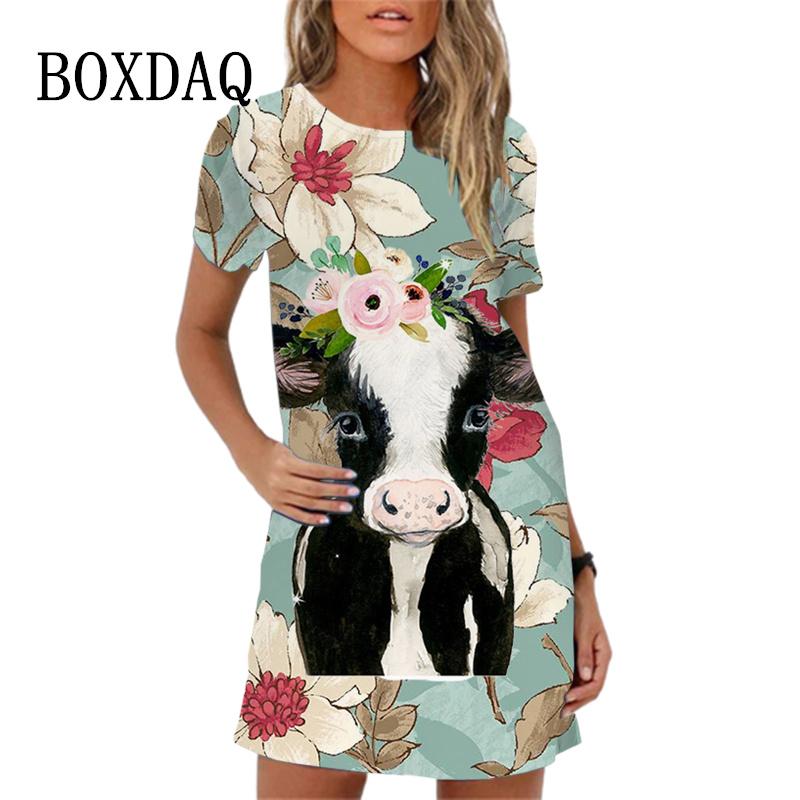 Women's Hip-hop Casual Short Sleeved O-neck A-line Skirt Mini Skirt Street Style Loose Cartoon Printed Dress