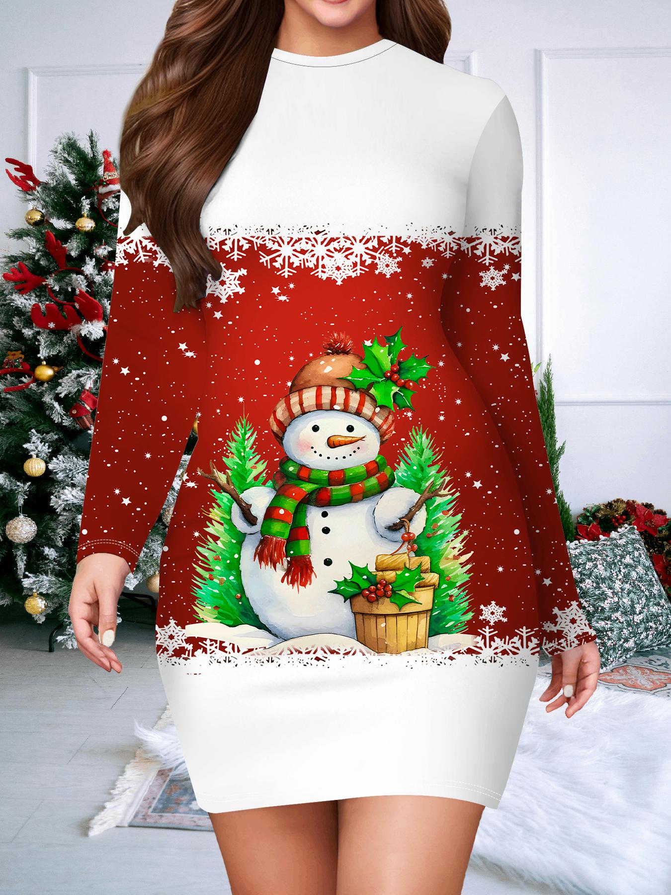 

2025 Осень и Зима Новое Женское Платье в Облипку, 3D Рождественская Печать и Крашение Женская Мода Длинный Рукав Круглый Вырез Сексуальное Платье в Облипку XXL красный