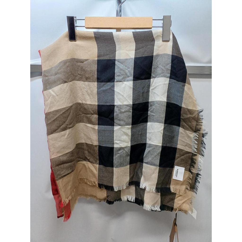 Used BURBERRY 8078776 BEG Check Cashmere Fringe Scarf