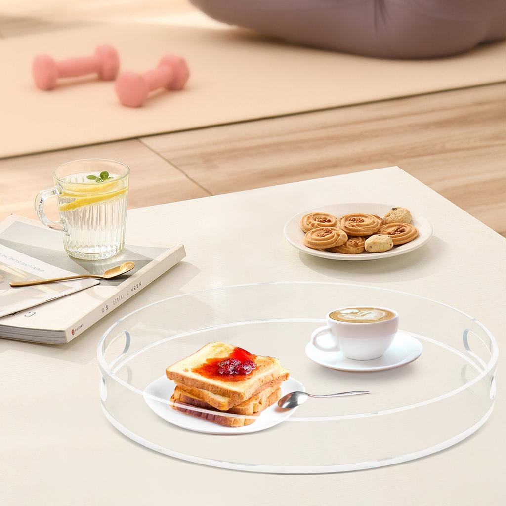 Clear Polished Acrylic Round Serving Tray with Handles, Spill-Proof & Scratch-Resistant, Freestanding Display Tray for Kitchen