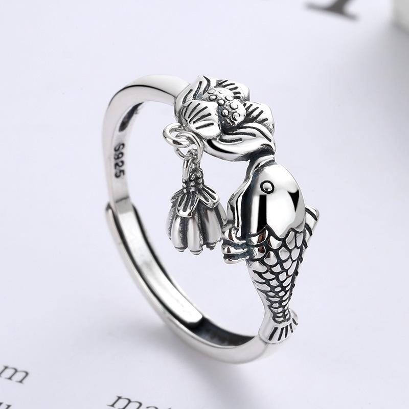 Trendy Retro Thai Silver Adjustable Koi Ring - Ethnic Style Index Finger Ring for Women