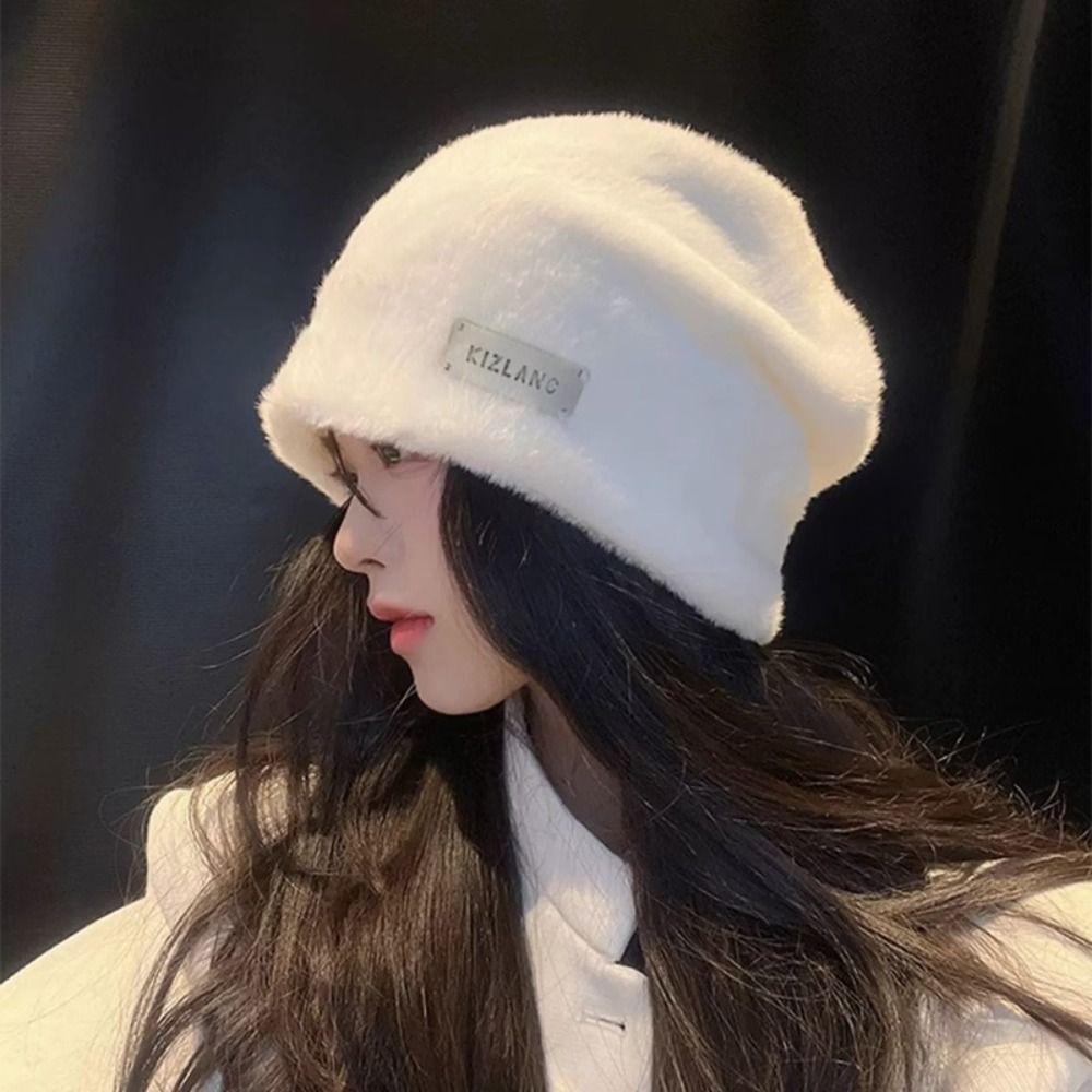 Korean Style Fleece Wool Skullies Thickened Warm Wool Cap Soft Letter Pullover Hats  Keep Warm