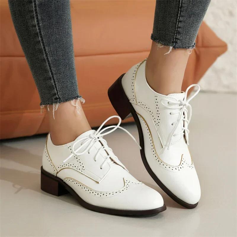 British Women Derbies Spring Autumn Mid Heel Oxfords White Yellow Brown Mixed Color Medallion Vintage Round Toe Lace Up Brogues