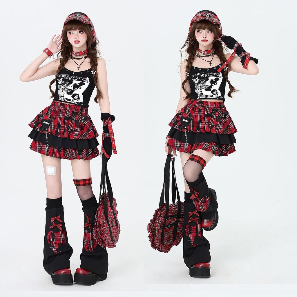 LAVASEON Checkered Mini Tiered Mori Chain Accessory Skirt, Punk, Ruffled, Length, Cute, Women's, Mass-Produced, Subculture, School-Style, Skirt, Red,
