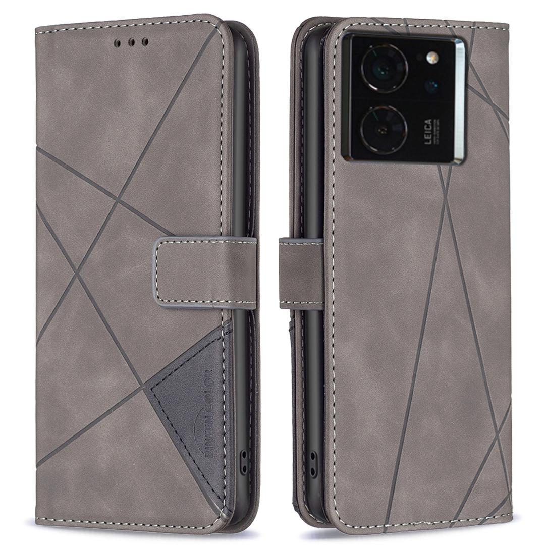 

BINFEN COLOR For Xiaomi 14T Pro Phone Cases Wallet Stand Geometry Imprint Leather Cover Grey