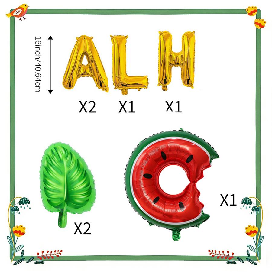 Hawaii-Party-Ballonset in Farben von Palmenblatt, Ananas und Buchstaben. Für Sommerversammlungen, Geburtstagszimmerdekoration