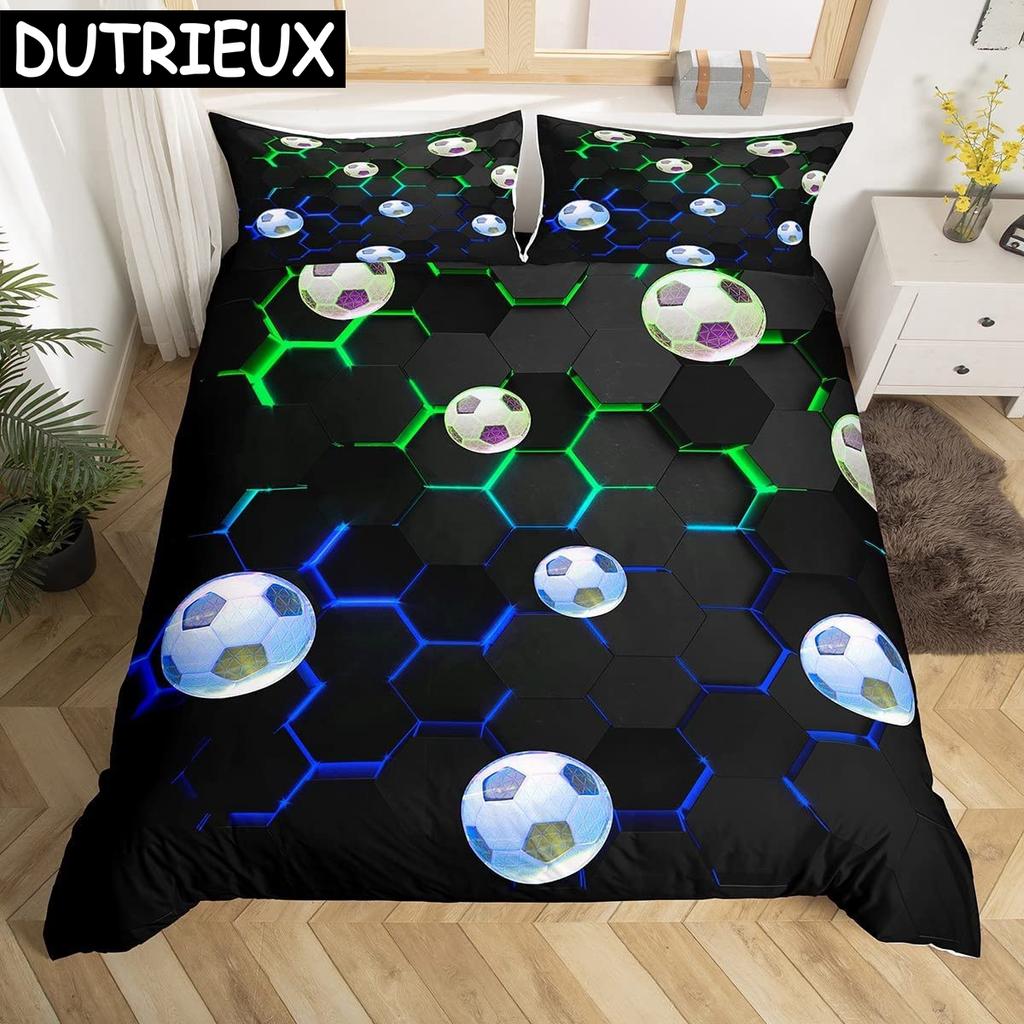 Soccer Duvet Cover Set King Queen Full Size Football Pattern Polyester Comforter Cover For Boys Teens Soccer Lover Bedding Set