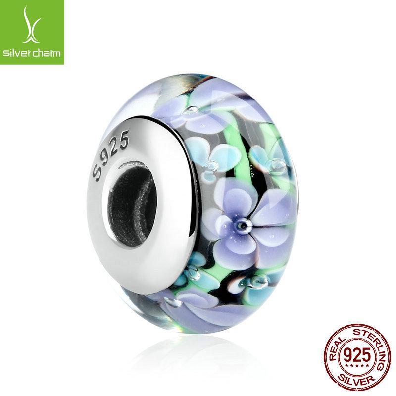 

Korean-Style DIY Sterling Silver Lampwork Beads with Purple Flowers on Black Background, Large Hole Bracelet Beads (SCZ009) Glass/Lampwork