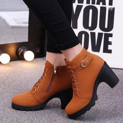 Módní zimní boty na vysokém podpatku pro ženy s křížovými popruhy, krátké boty, pohodlné nepromokavé boty, teplé, plus size, boty pro ženy