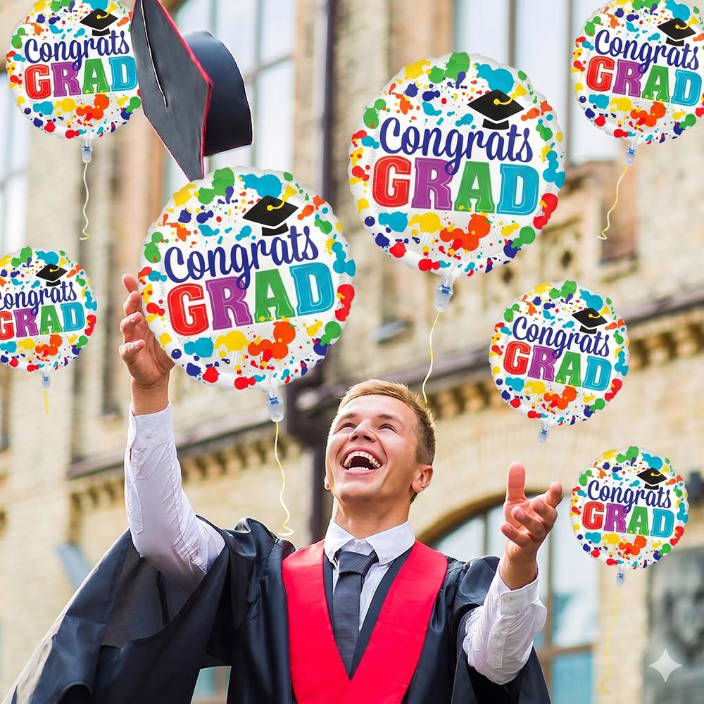 8 Pcs 18 Inch Congrats Grad Foil Balloons, Colorful Watercolor Graduation Round Mylar Balloons Kit, College Graduation Party Dec