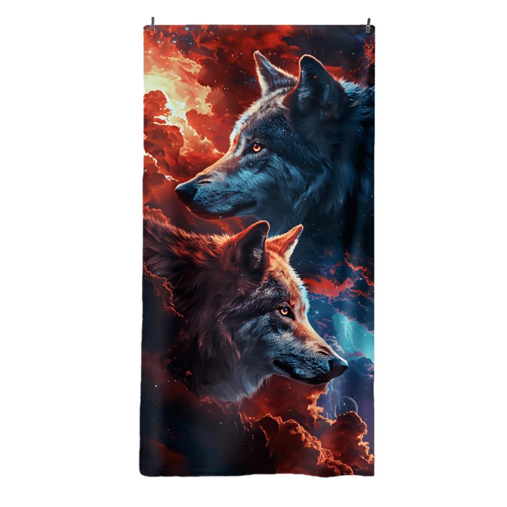 Cosmic Wolf Beach Towel, Double Wolf Fire Sky Print, Quick Dry Microfiber, Oversized for Beach Pool, Gift for Him, Animal Lover