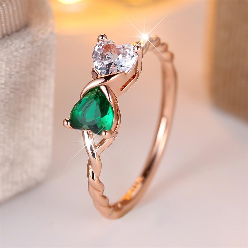 Double Heart Stone Green Crystal White Zircon Bowknot Rings For Women Rose Gold Silver Color Wedding Jewelry Valentines Day Gift