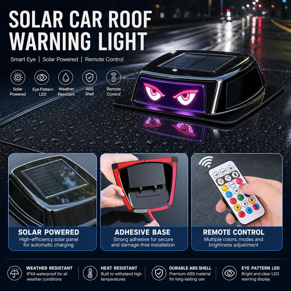 Solar Powered Car Roof Warning Light Remote Control Automotive Exterior Tool Vehicle Accessories