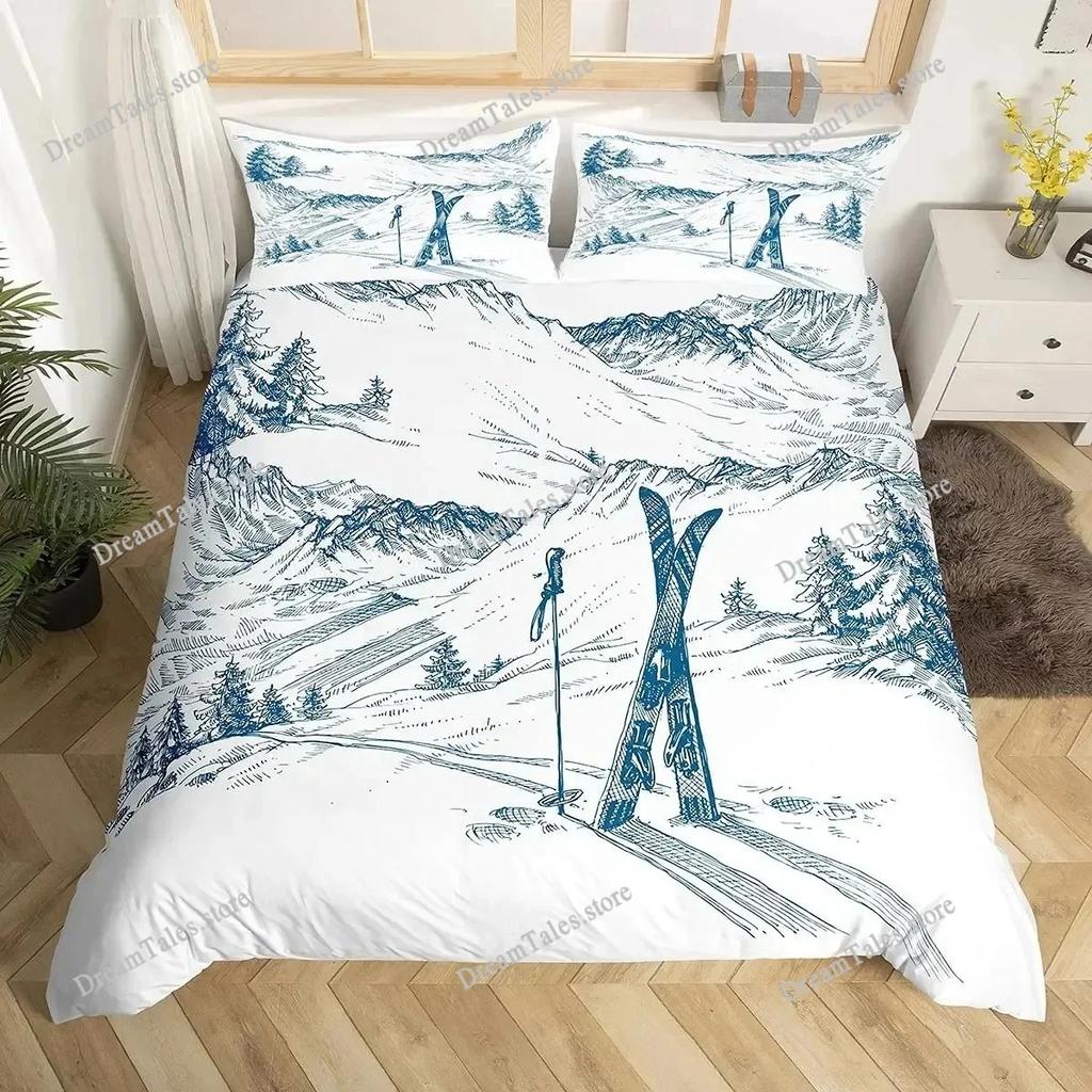 Ski Sports Duvet Cover Set Full Size Winter Sports Skiing Bedding Sets Snow Mountain Landscape Comforter Cover for Boys Girls369
