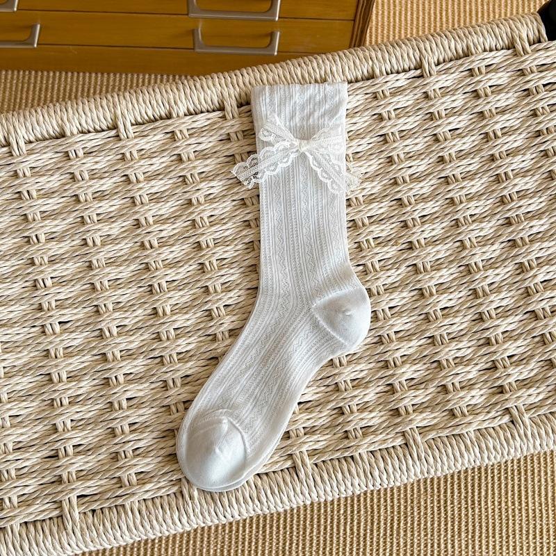 Summer Lightweight Stacked Socks for Children in Ballet Style, Featuring Lace, Bows and Flowing Ribbons, Without A Tube.