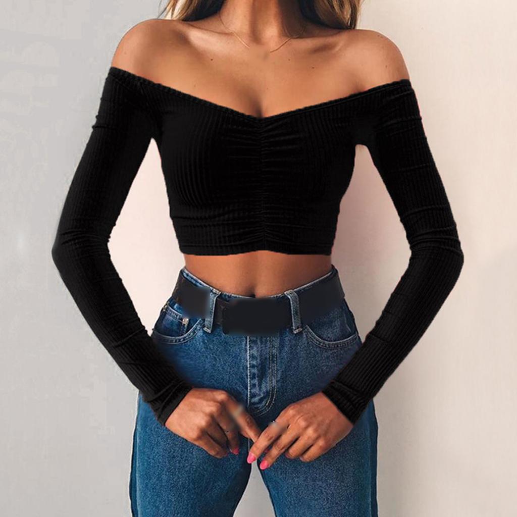 Sexy Long Sleeve Off Shoulder T-shirt Crop for Women Spring Summer Autumn Basic Tees Fashion Female T-shirt Solid Color Tops