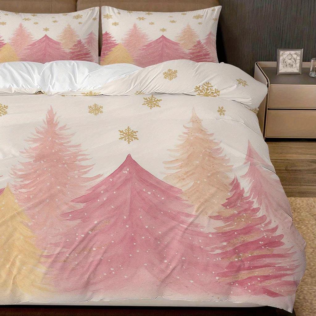 3-teiliges rosa Weihnachts-Schneeflocken-Wald-Bettbezug-Set Gemütliches Polyester Maschinenwaschbar Reißverschluss, Ganzjahreskomfort für Schlafzimmer