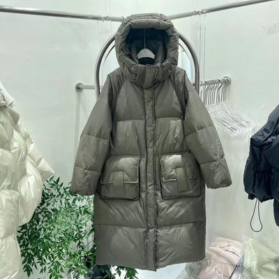 Inverno 2024 Nova Jaqueta de Penas Feminina Longa Acima do Joelho Com Capuz Engrossado Solto Bolso Grande Jaqueta de Penas de Pato Branco Maré