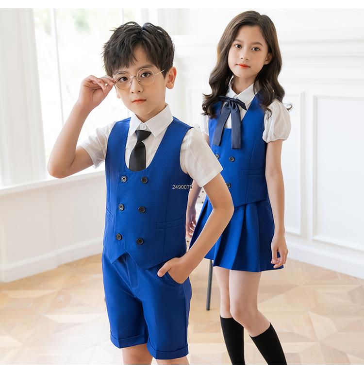 Boys Girls Summer Royal Blue Vest Shorts/Skirt Photograph Dress School Kids Uniforms Children's Day Performance Dance Costume
