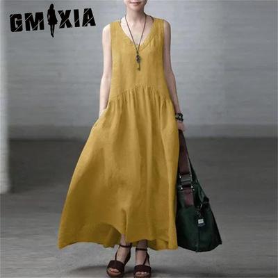 Vestido de Verão Feminino Longo Solto Plissado Moda Sem Mangas Cor Sólida Algodão Linho Vestidos