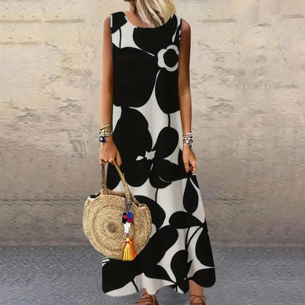 Women's Fashion Printed Round Neck Sleeveless Vacation Casual Dress