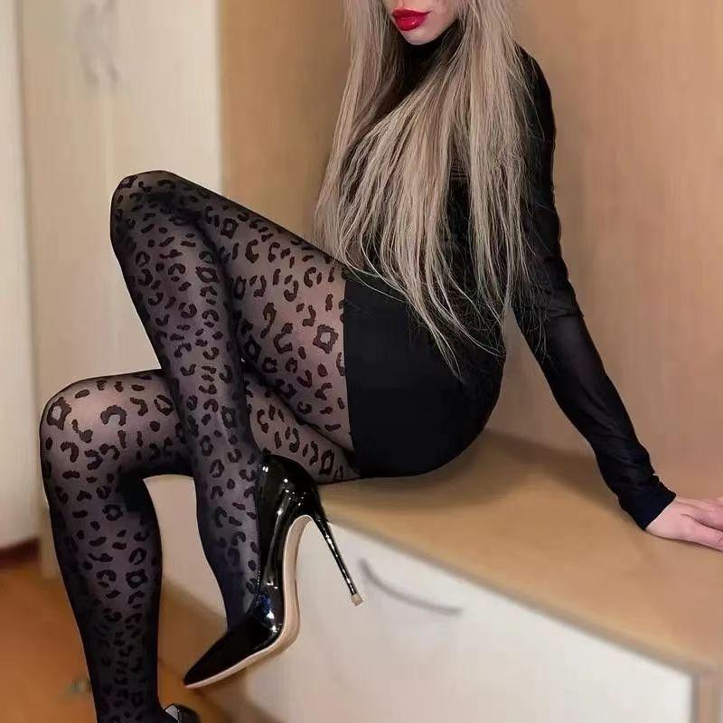 Schwarz Leopard Muster Sexy Retro Jacquard Strumpfhose Hohe Strümpfe Extra Lange Beinwärmer Für Damen