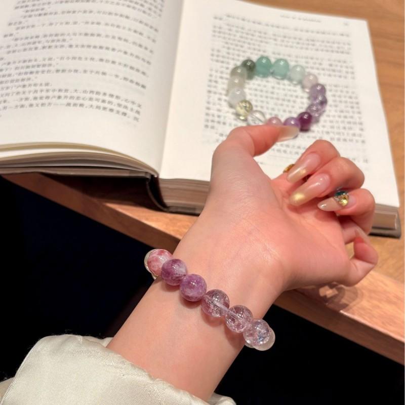 Handmade Natural Rainbow Gemstone Bracelet With Amethyst Fluorite White Crystal Beads 12mm Fashion Womens Jewelry