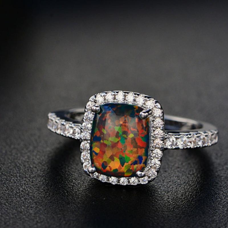 Cushion Cut Square Rainbow White Fire Opal Rings For Women Gold Horse Eye Zircon Charm Leaf Wedding Bands Party Jewelry CZ