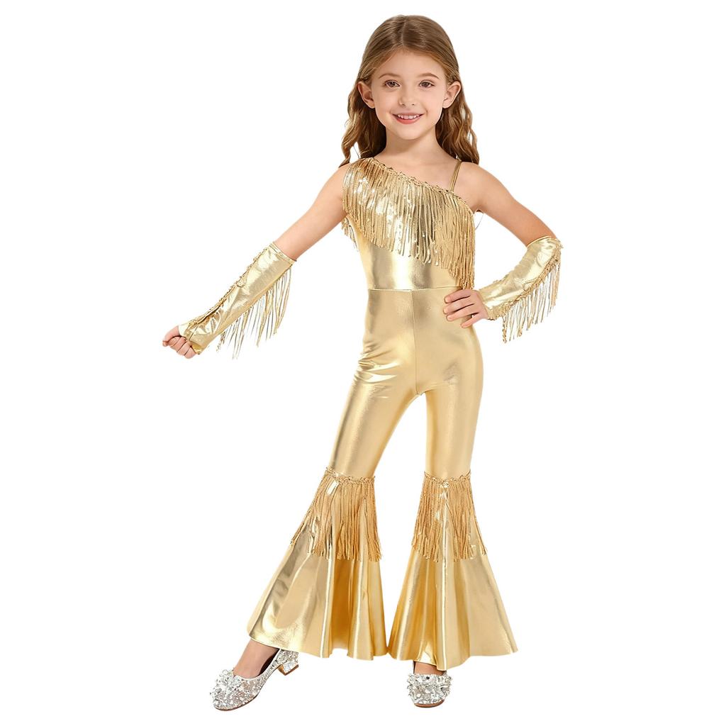 Girls Sequined One Shoulder Jumpsuit Sleeveless Disco Dance Costume High Waist Flared Design Tassel Details Gloves Included