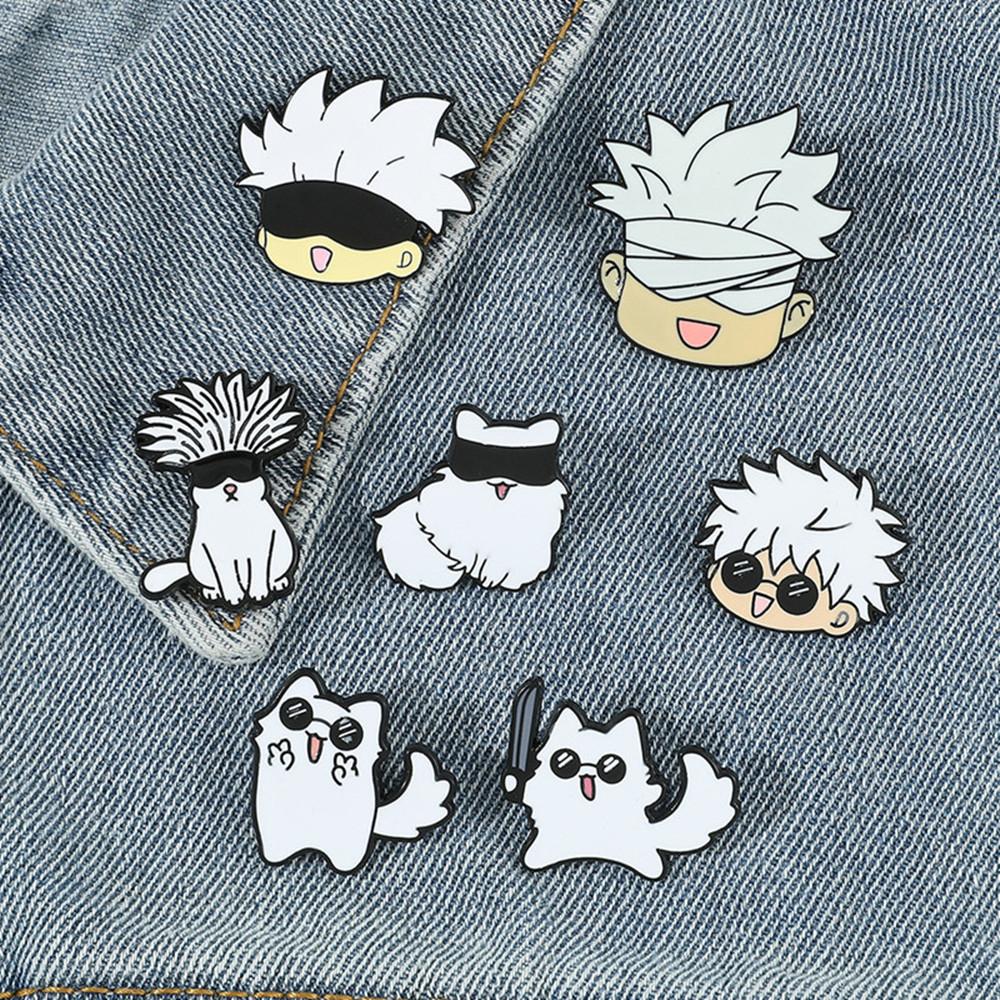 7 Stück/Set Gojo Satoru und Katze Emaille-Anstecker Anime-Charakter Augenmaske Manga-Anstecknadeln Abzeichen Metall-Anstecker für Rucksack Revers Schmuckzubehör