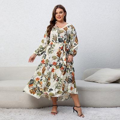 V-Neck Dress Long Sleeve High Waist Dress for Women Printed Plus Size Dress Loose Versatile Tie Up Dress Casual Commuter Maxi Dresses