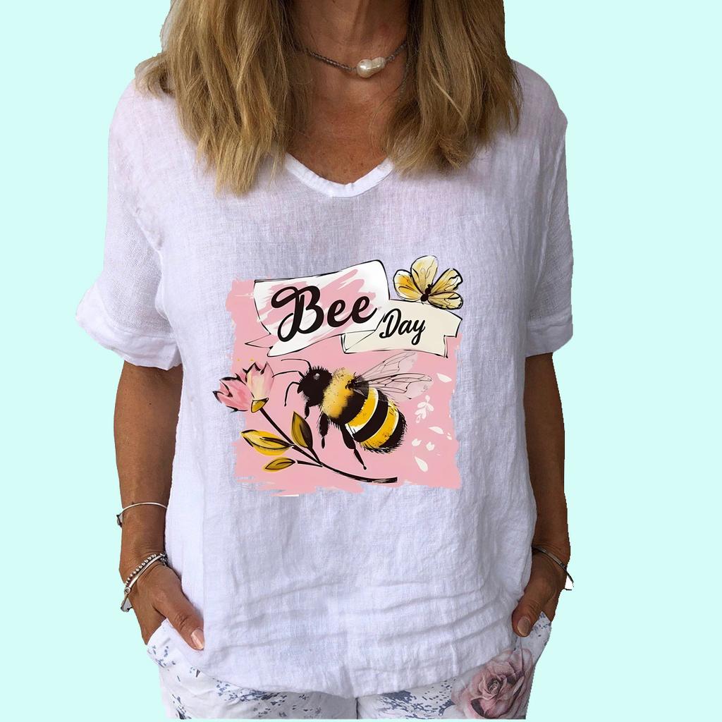 Dámská móda Top s krátkým rukávem Letní ležérní tričko s výstřihem do V Dámské potištěné bavlněné lněné tričko