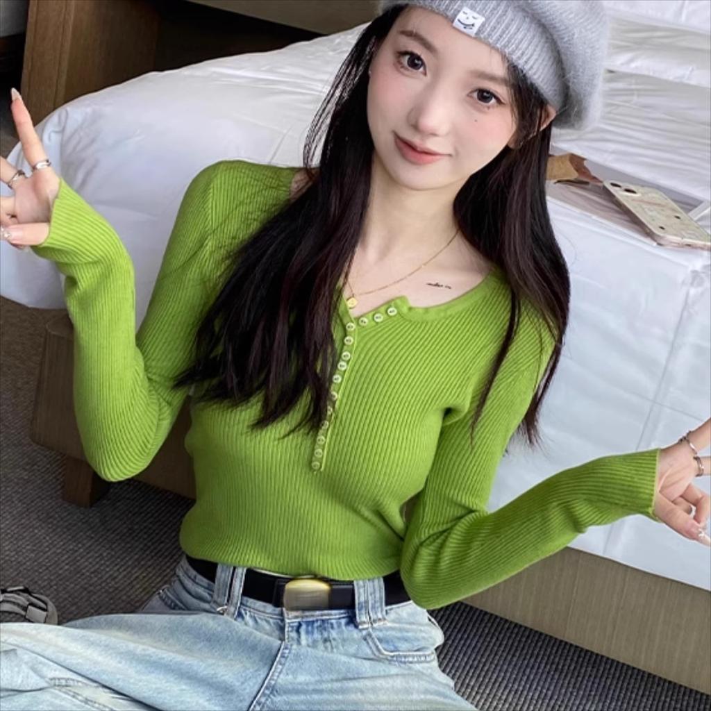 Spring Autumn Knitted V-neck Long Sleeve Slim Jumper Tops Women Sweater Pullover Solid Button Ladies Casual Shirts Soft Sweaters