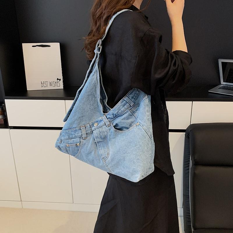 Vintage Denim Bag Women's Underarm Shoulder Bag Large Capacity Commuter Crossbody Bag