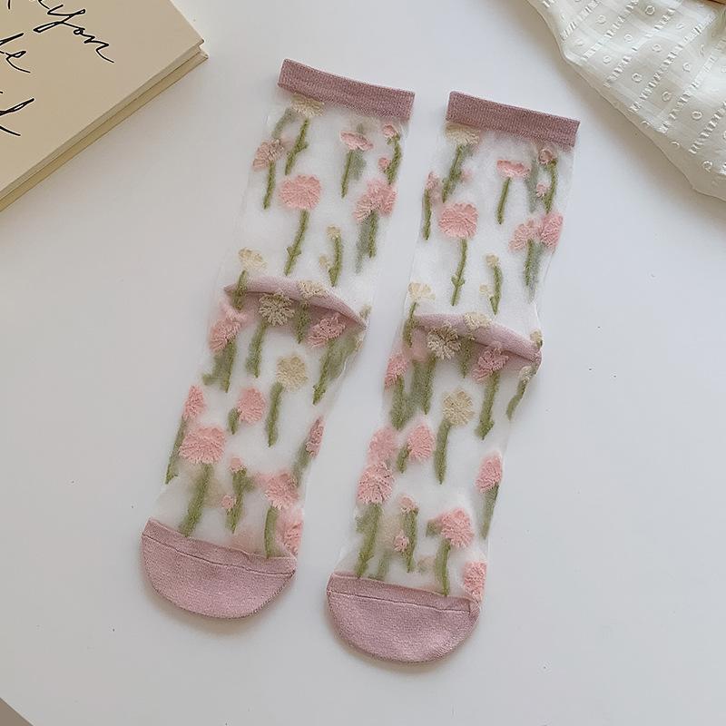 Sommer Ultra-tynne gjennomsiktig krystall silkesokker Broderi Blomst Retro Damesokker Mote Harajuku Kawaii Elastiske lange sokker