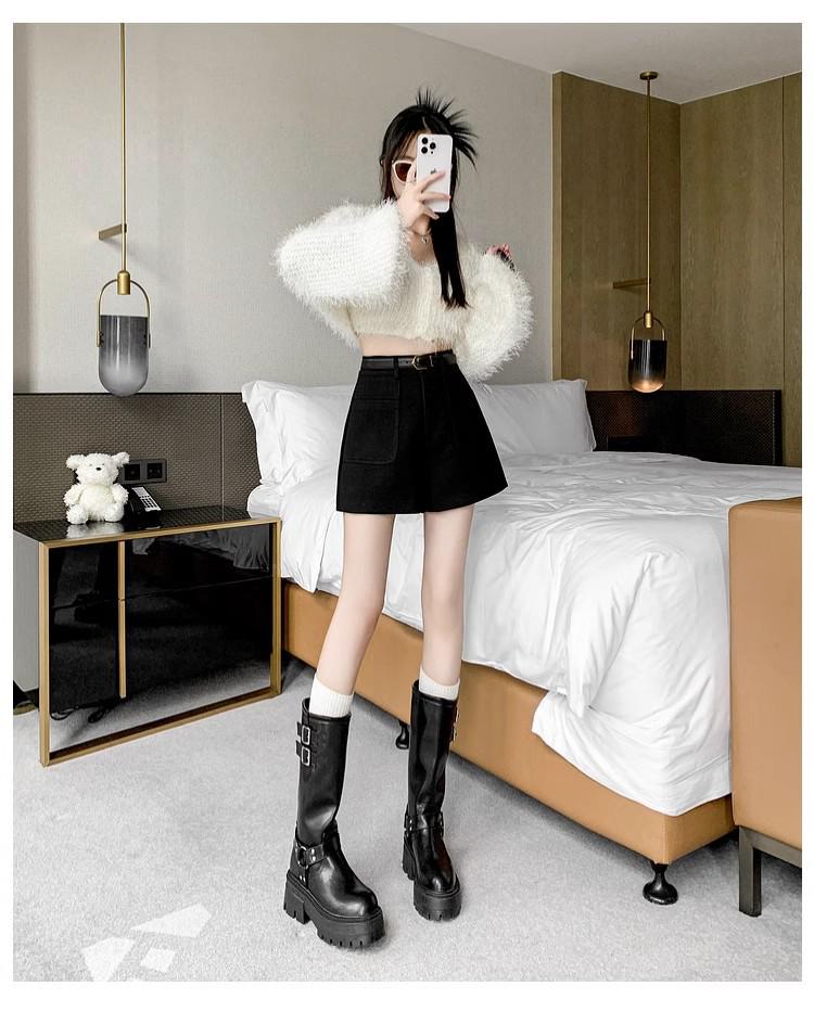 2024 Podzim/Zima Dámské vlněné šortky s vysokým pasem a širokými nohavicemi - Stylové ležérní módní šortky