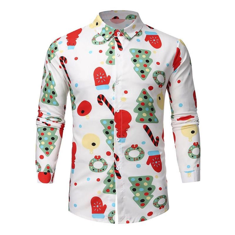 Christmas Holiday Party Men's 3D Snowflake Snowman Print Festive Atmosphere Lapel Long Sleeve Shirt Casual Slim Shirt