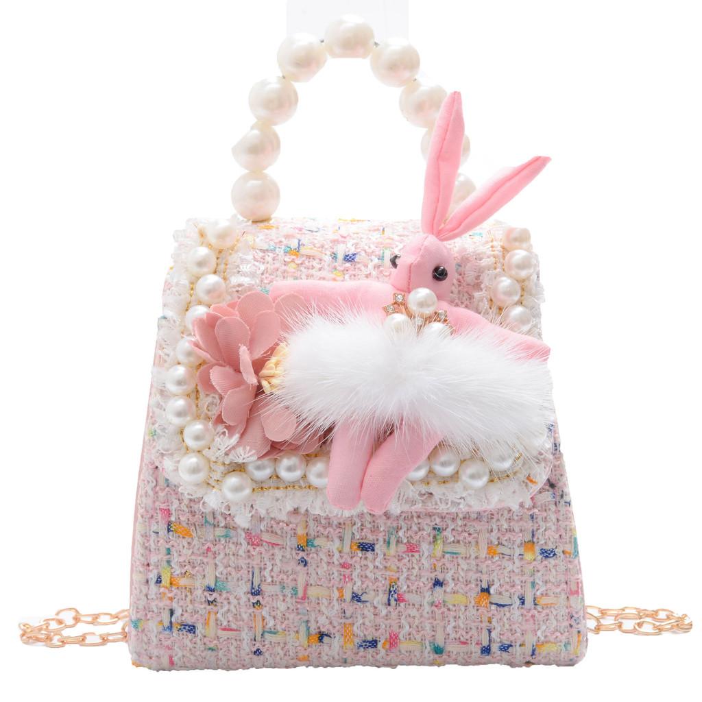 Стильная мини-сумка-цепочка для девочек из мягкой кожи с ручкой из жемчуга розовый