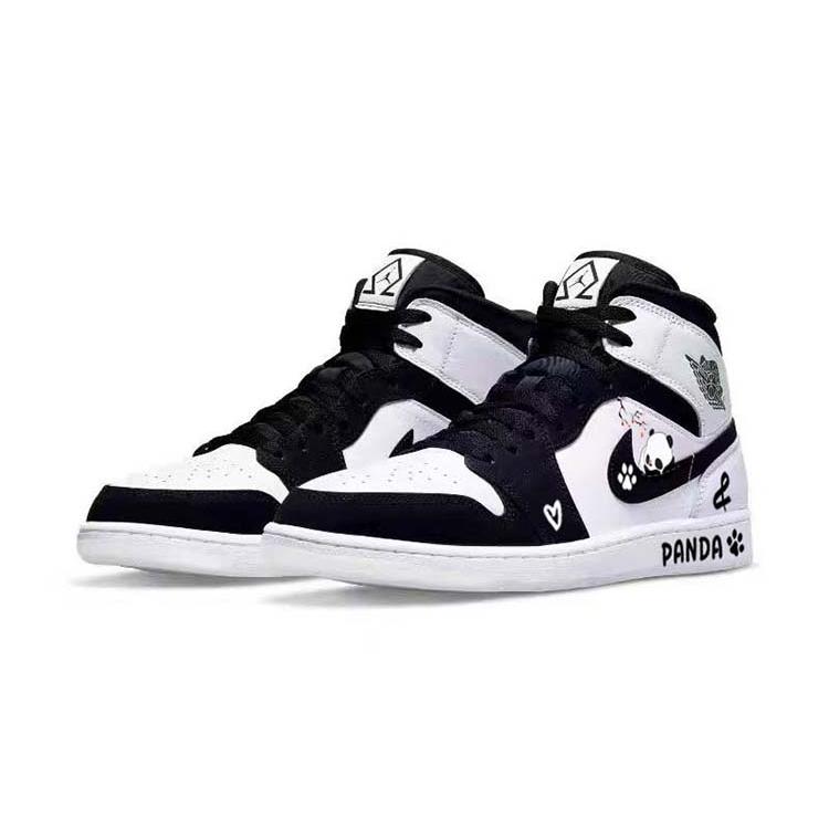 Jordan Air Jordan 1 SE Waxberry Tarepanda, Lazy Panda Comfortable Mid top Vintage Basketball Shoes Men's Black White DH6933-100(Team56-)