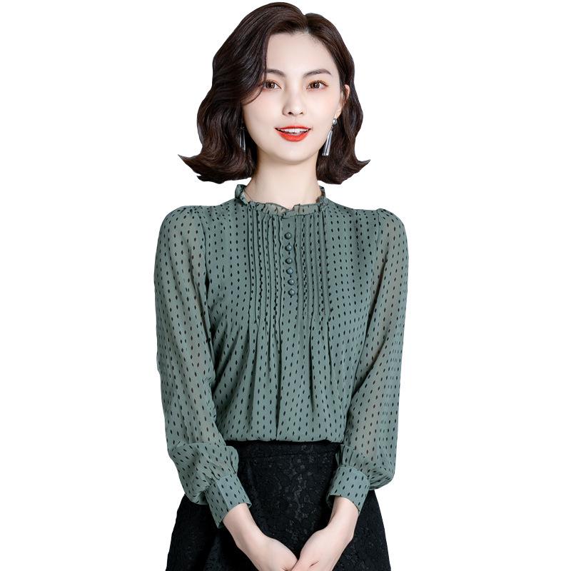 Moda coreana Primavera 2026: Camicia Larga in Chiffon a Pois con Volant - Top Elegante e alla Moda per Donna