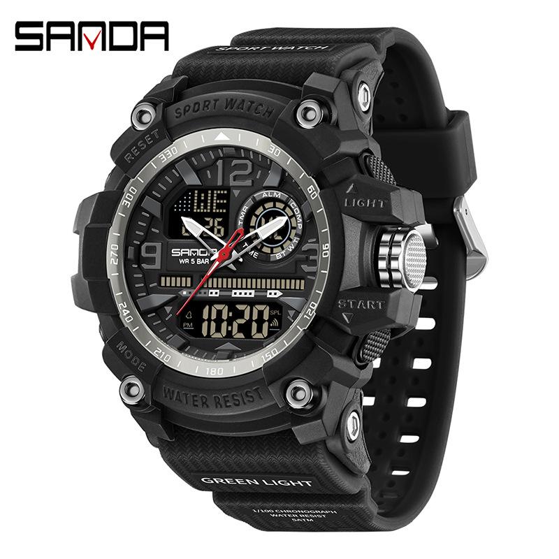 

Мужские многофункциональные противоударные светящиеся черные технические водонепроницаемые наручные часы Sanda