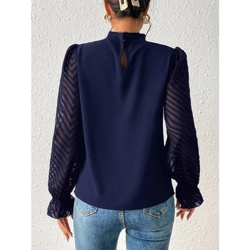 Women S Half High Neck Wavy Chiffon Long Sleeve Loose Blouse