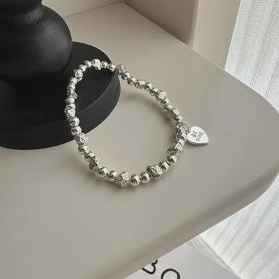 S925 Sterling Silver Geometric Textured Beaded Elastic Bracelet