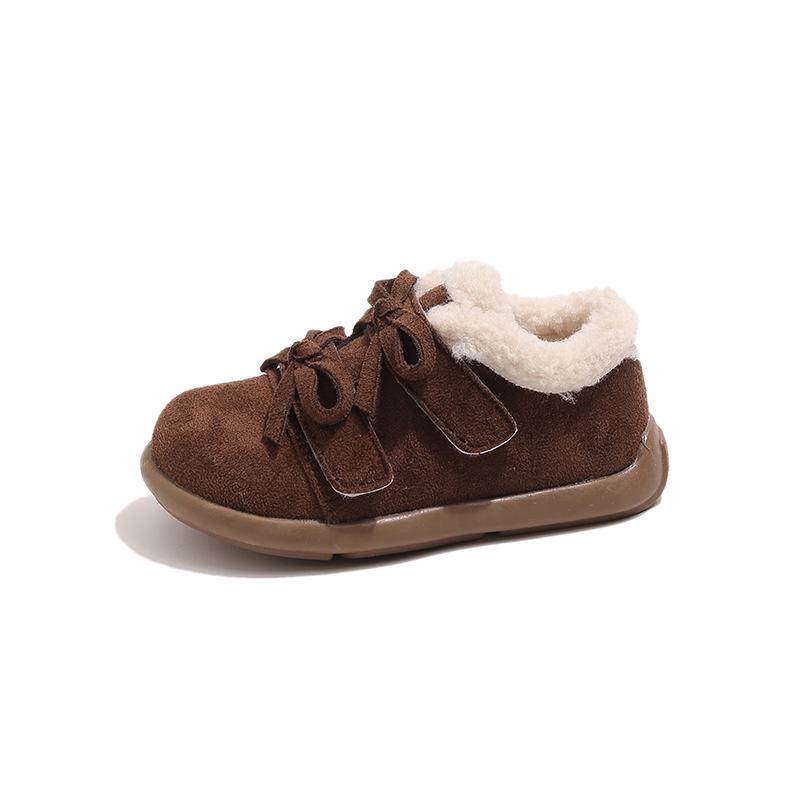 Korean Style Double Bow Furry Winter Shoes for Girls, Ages 1-6, Plus Velvet Cotton.