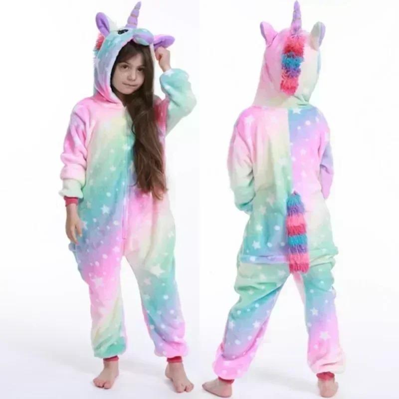 Girls Purple Pink Jumpsuits Unicorn Pajamas Kigurumi Toddler Kids Hooded Flannel Home Wear Children Onesie