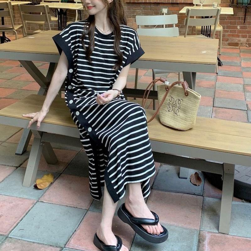 Casual Button Split Striped Dresses Female Clothing Loose Korean Patchwork Short Sleeve Summer O-Neck Basic Straight Midi Dress