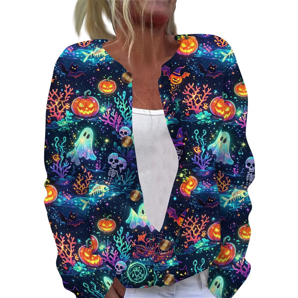 Damen Halloween Print Langarm Strick Cardigan Knopfleiste Pullover Mantel Leichte Oberbekleidung für Herbst und Winter
